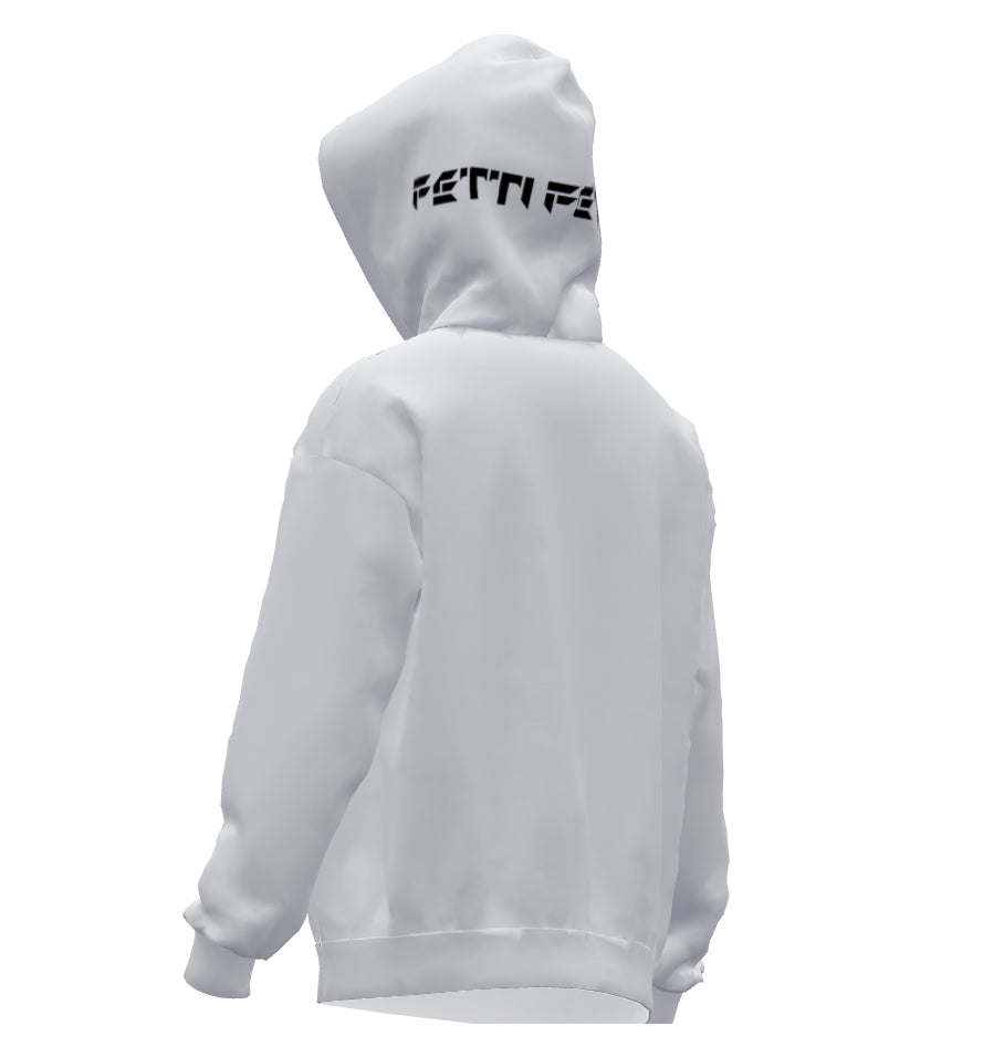 White Fetti Fetcher Hoodie with "Fetti Fetcher" Text on Hood